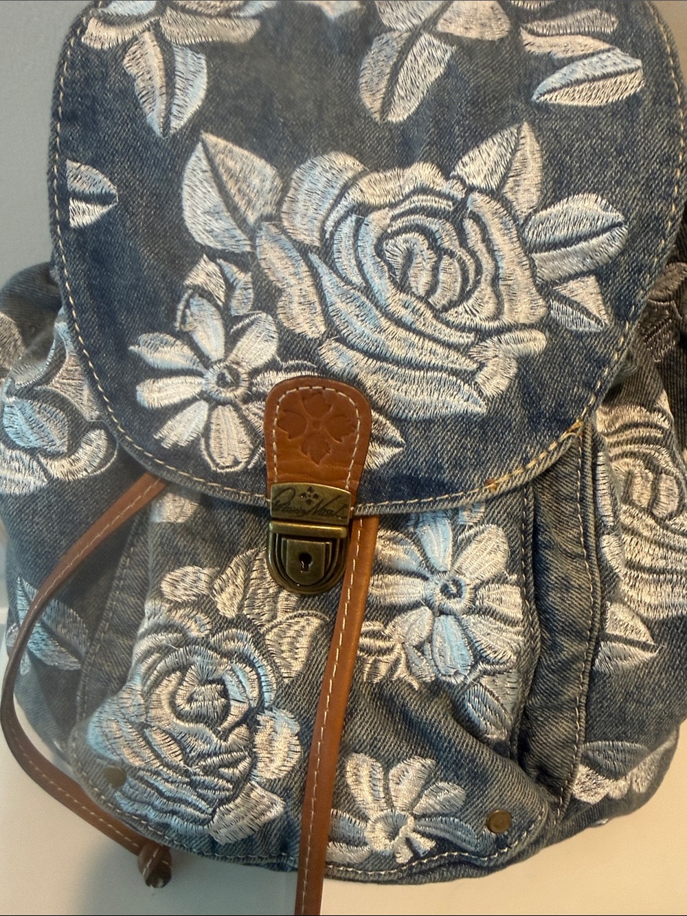Patricia Nash Embroidered Denim and Leather Floral Drawstring Backpack - Picture 2 of 10